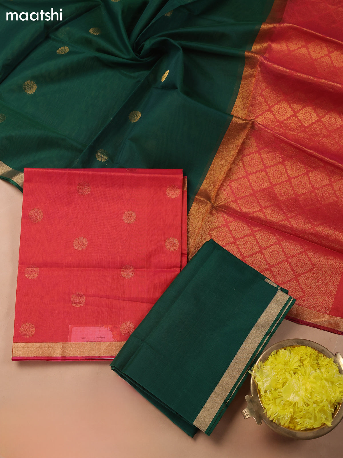 Dual Shade Of Pink and Kora Silk Cotton Dress Material With Zari Buttas