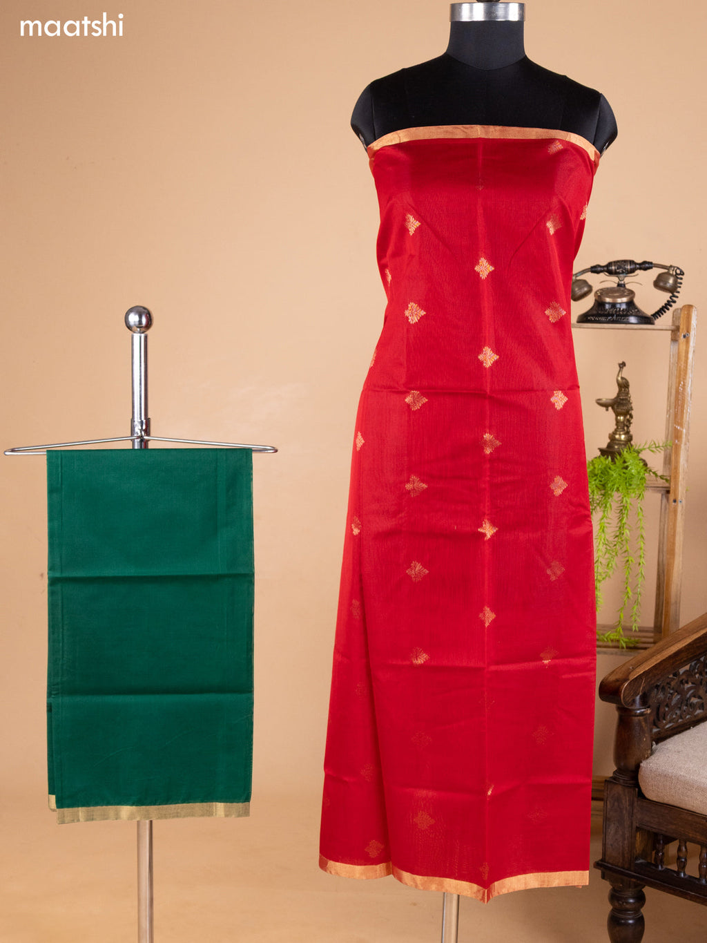 Red and Green Kora Silk Cotton Dress Material With Zari Buttas and Bottom & Banarasi Style Dupatta