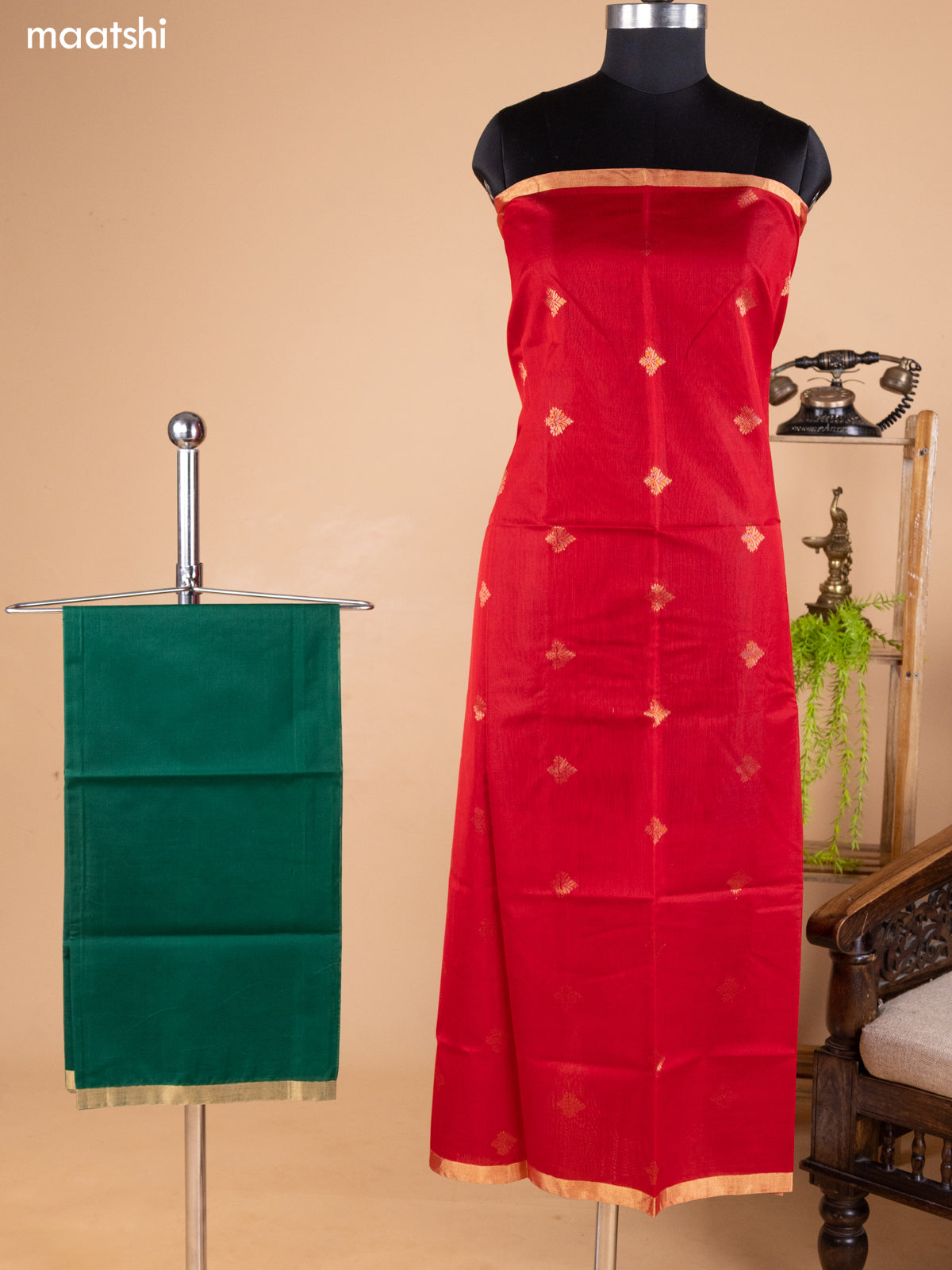 Red and Green Kora Silk Cotton Dress Material With Zari Buttas and Bottom & Banarasi Style Dupatta