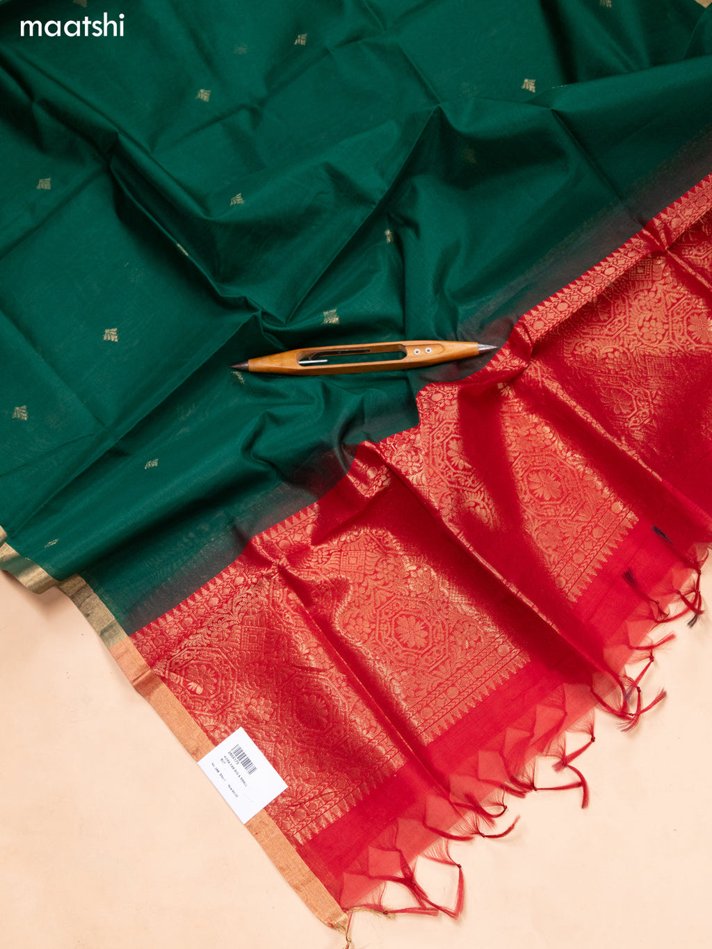 Red and Green Kora Silk Cotton Dress Material With Zari Buttas and Bottom & Banarasi Style Dupatta
