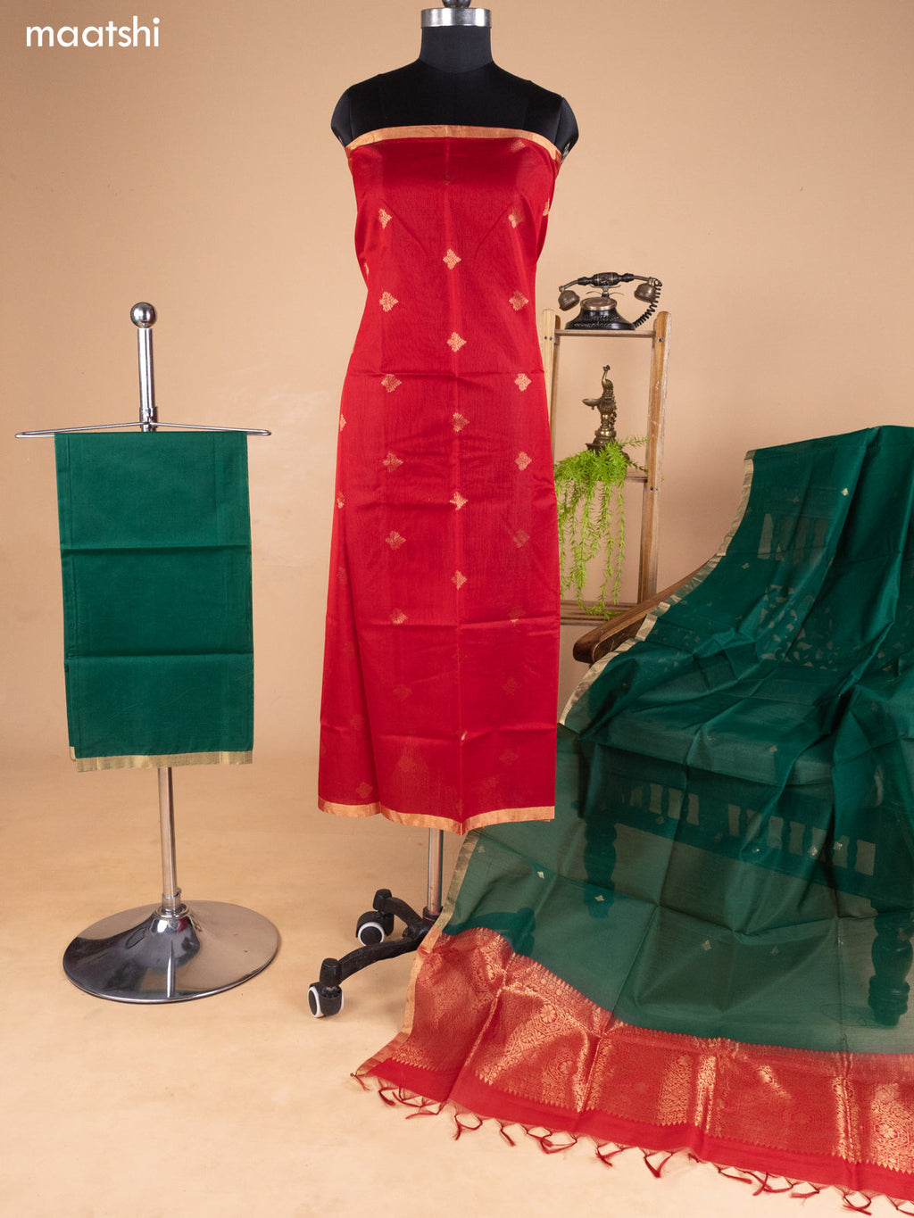Red and Green Kora Silk Cotton Dress Material With Zari Buttas and Bottom & Banarasi Style Dupatta