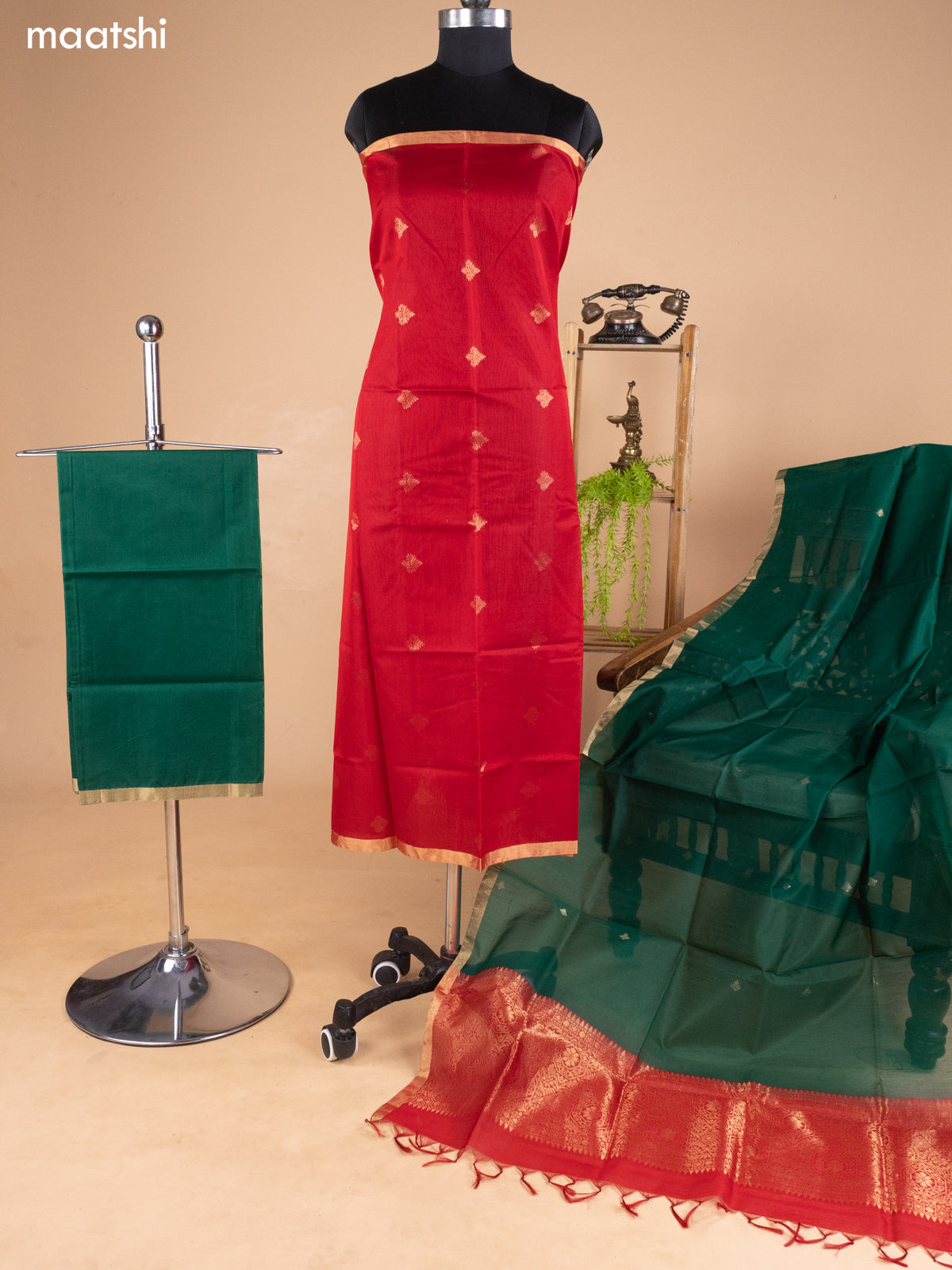 Red and Green Kora Silk Cotton Dress Material With Zari Buttas and Bottom & Banarasi Style Dupatta