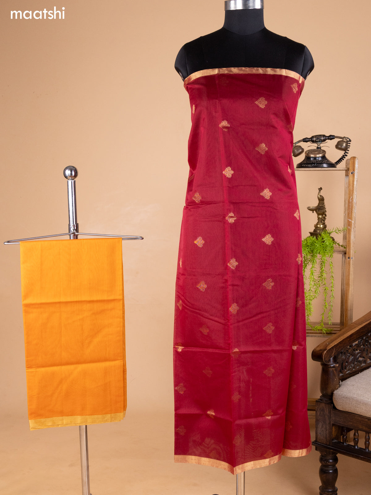 Maroon and Orange Kora Silk Cotton Dress Material With Zari Buttas