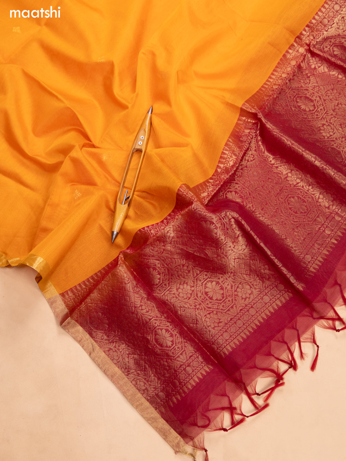 Maroon and Orange Kora Silk Cotton Dress Material With Zari Buttas