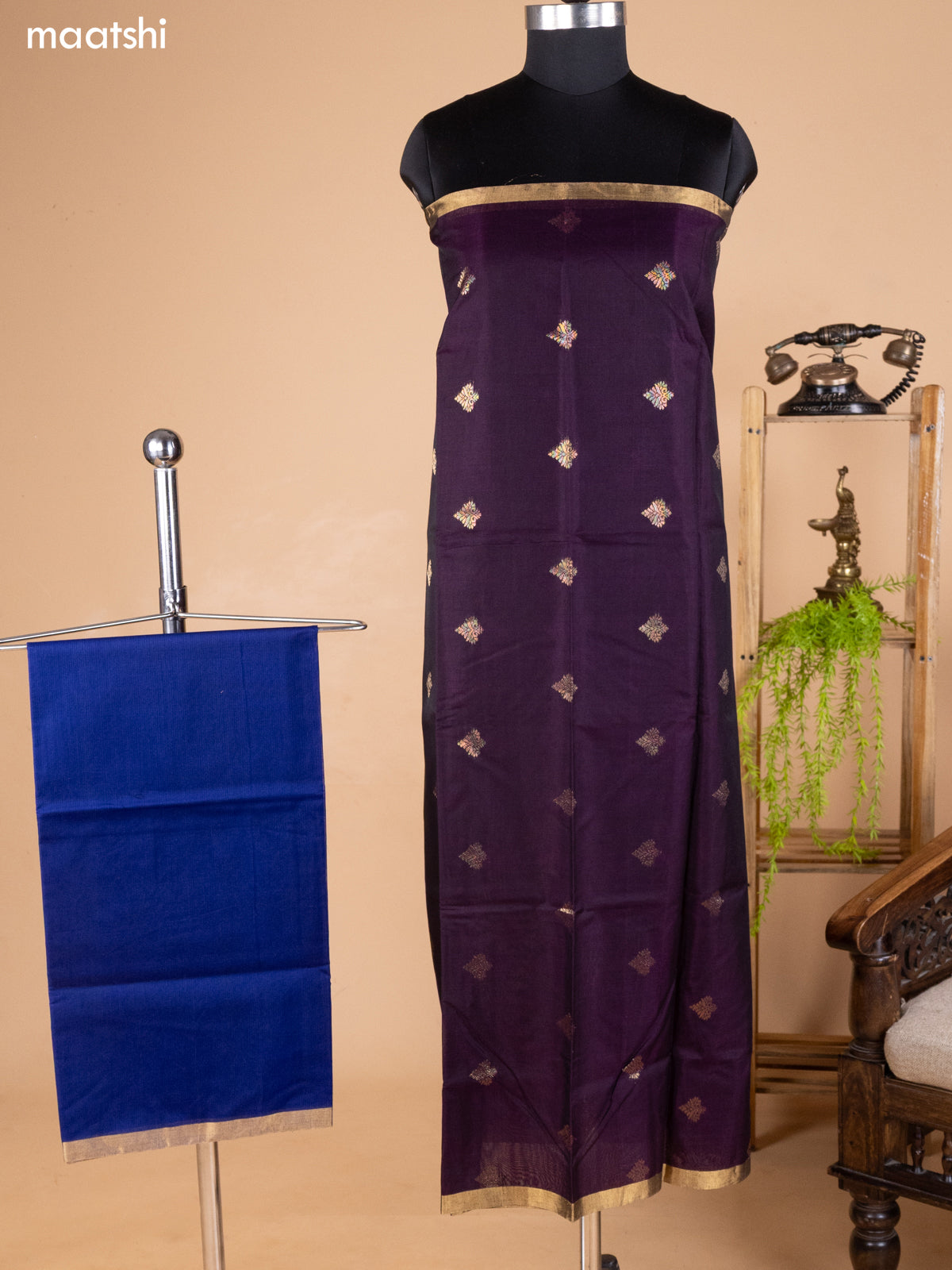 Dark Purple and Navy Blue Kora Silk Cotton Dress Material With Zari Buttas and Bottom & Banarasi Style Dupatta