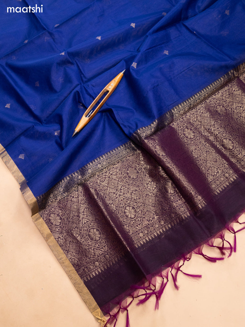 Dark Purple and Navy Blue Kora Silk Cotton Dress Material With Zari Buttas and Bottom & Banarasi Style Dupatta