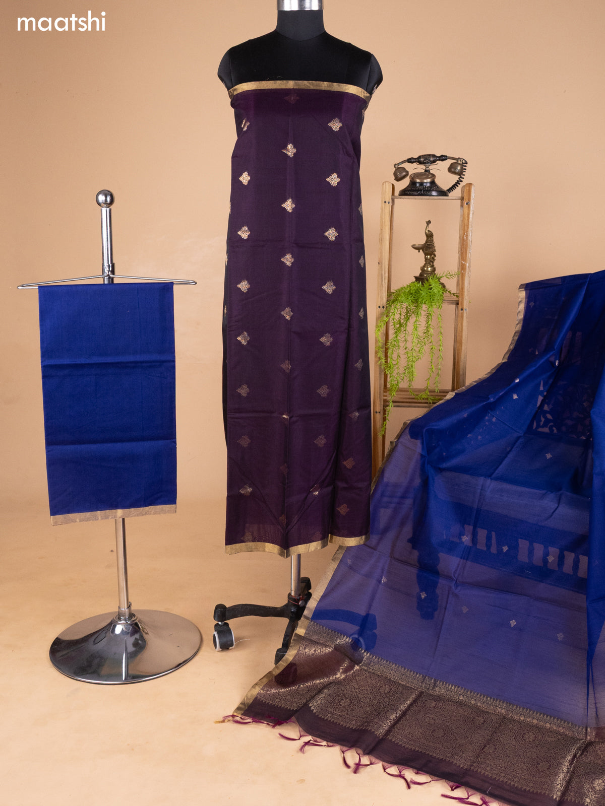 Dark Purple and Navy Blue Kora Silk Cotton Dress Material With Zari Buttas and Bottom & Banarasi Style Dupatta
