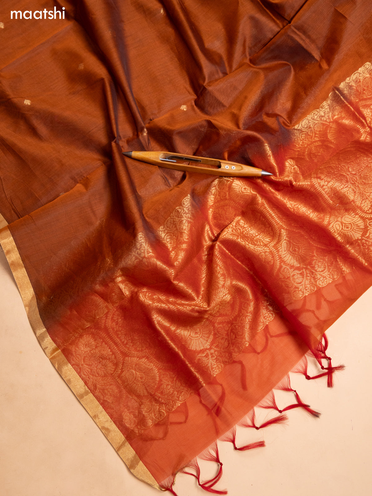 Rustic Orange and Rustic Brown Kora Silk Cotton Dress Material With Zari Buttas and Bottom & Banarasi Style Dupatta