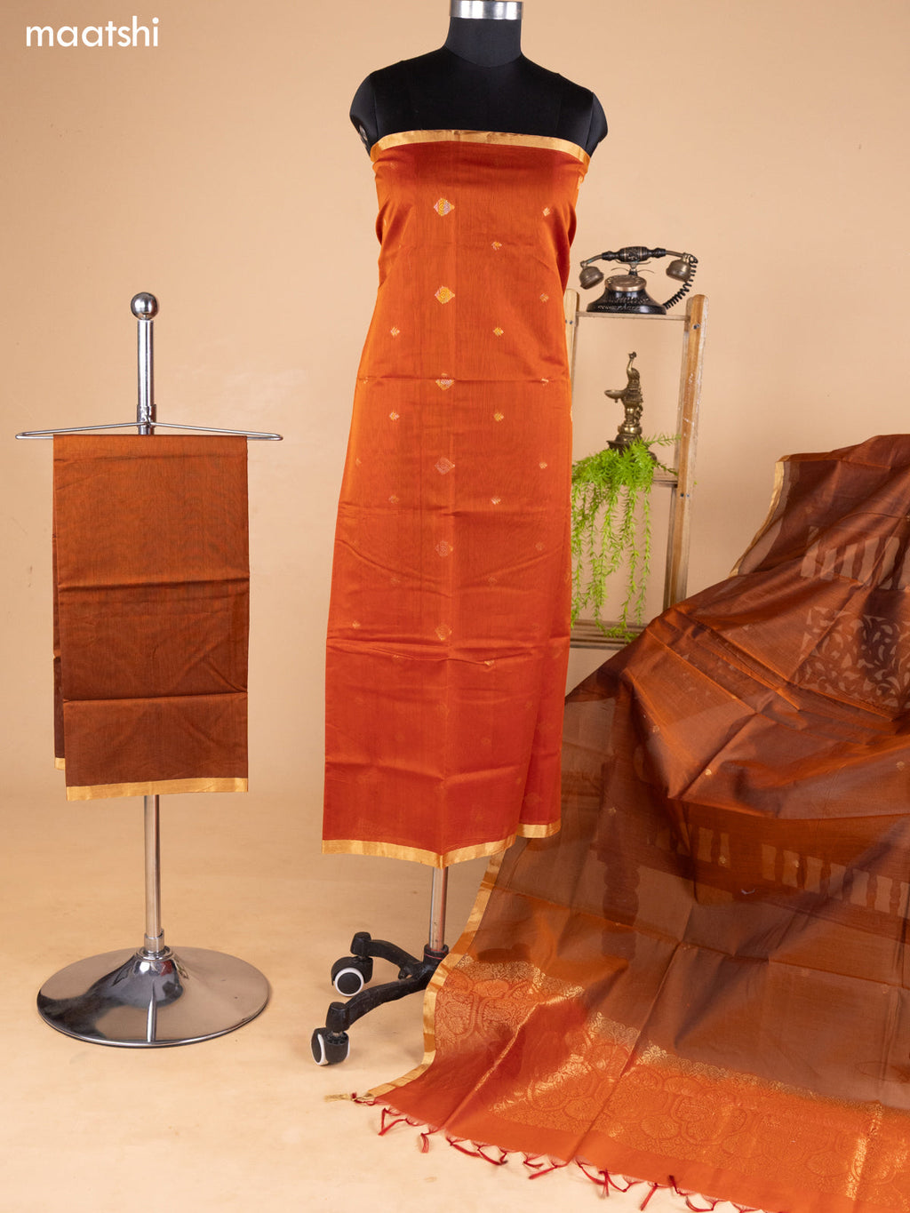 Rustic Orange and Rustic Brown Kora Silk Cotton Dress Material With Zari Buttas and Bottom & Banarasi Style Dupatta