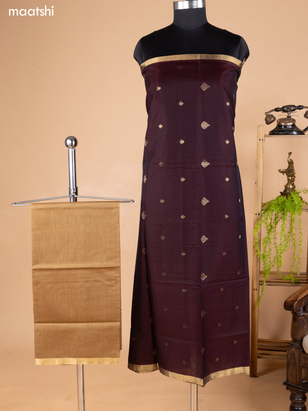Brown and Biege Kora Silk Cotton Dress Material With Zari Buttas and Bottom & Banarasi Style Dupatta