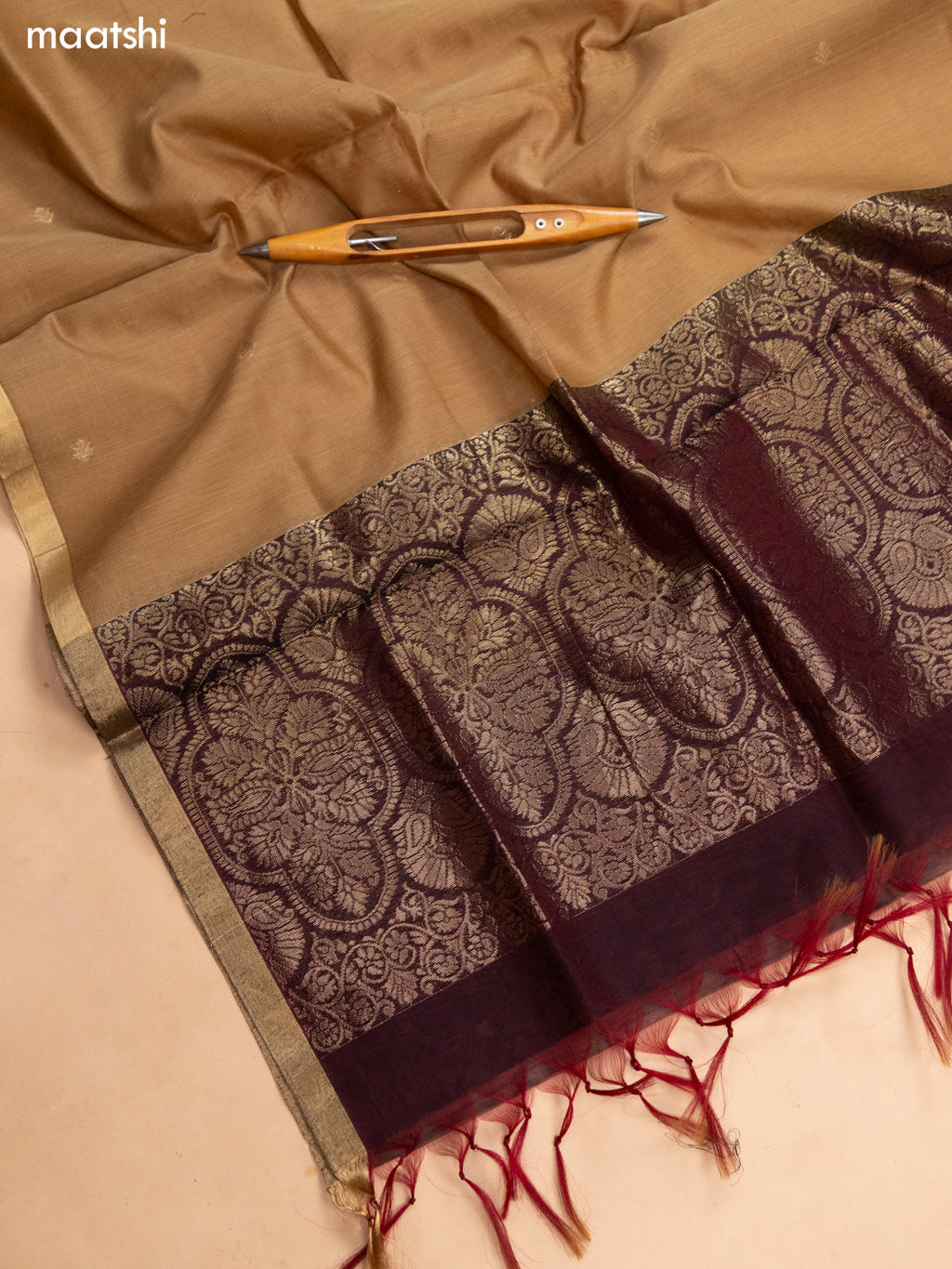 Brown and Biege Kora Silk Cotton Dress Material With Zari Buttas and Bottom & Banarasi Style Dupatta