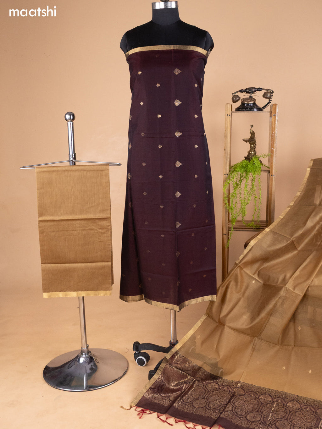 Brown and Biege Kora Silk Cotton Dress Material With Zari Buttas and Bottom & Banarasi Style Dupatta