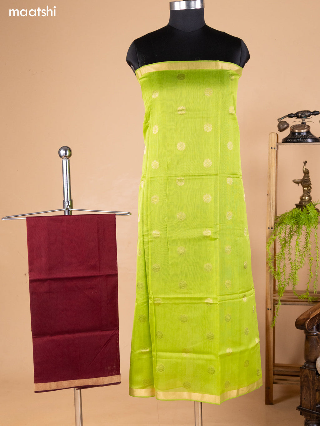 Light Green and Brown Kora Silk Cotton Dress Material With Zari Buttas and Bottom & Banarasi Style Dupatta