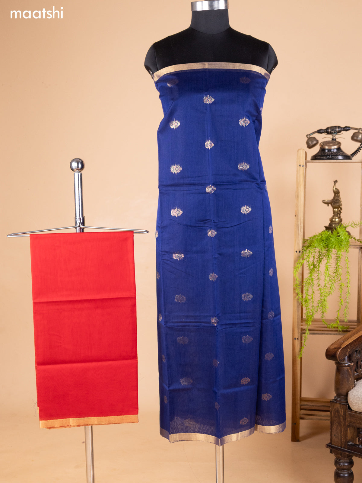 Navy Blue and Red Kora Silk Cotton Dress Material With Zari Buttas and Bottom & Banarasi Style Dupatta