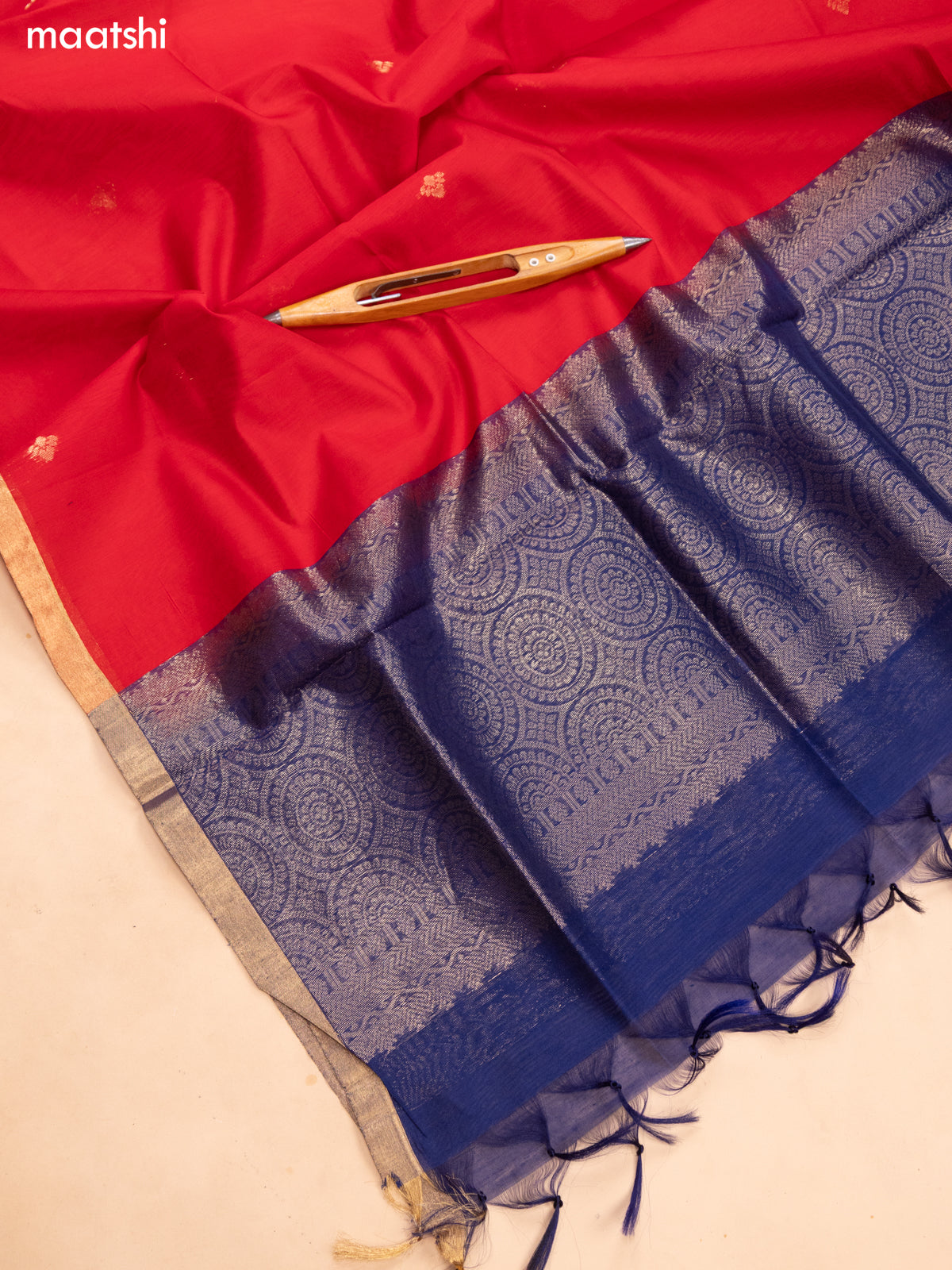 Navy Blue and Red Kora Silk Cotton Dress Material With Zari Buttas and Bottom & Banarasi Style Dupatta