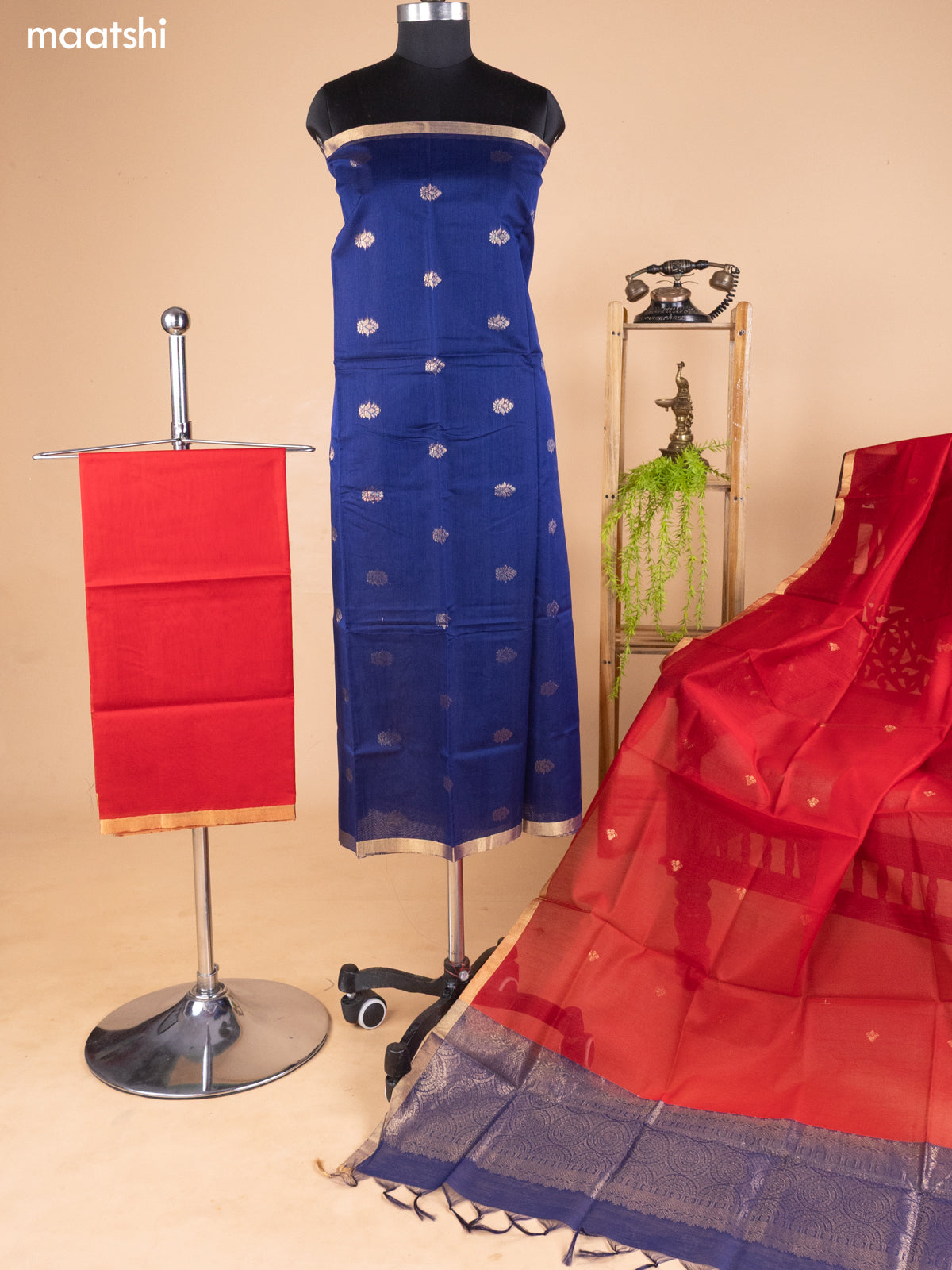 Navy Blue and Red Kora Silk Cotton Dress Material With Zari Buttas and Bottom & Banarasi Style Dupatta