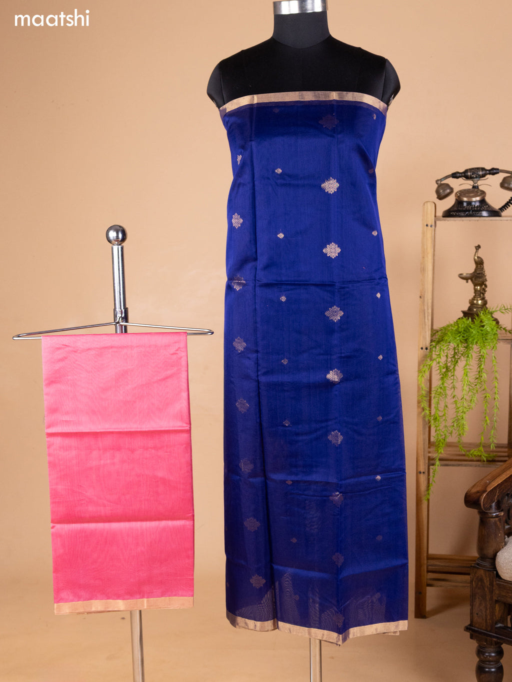 Navy Blue and Pink Kora Silk Cotton Dress Material With Zari Buttas and Bottom & Banarasi Style Dupatta