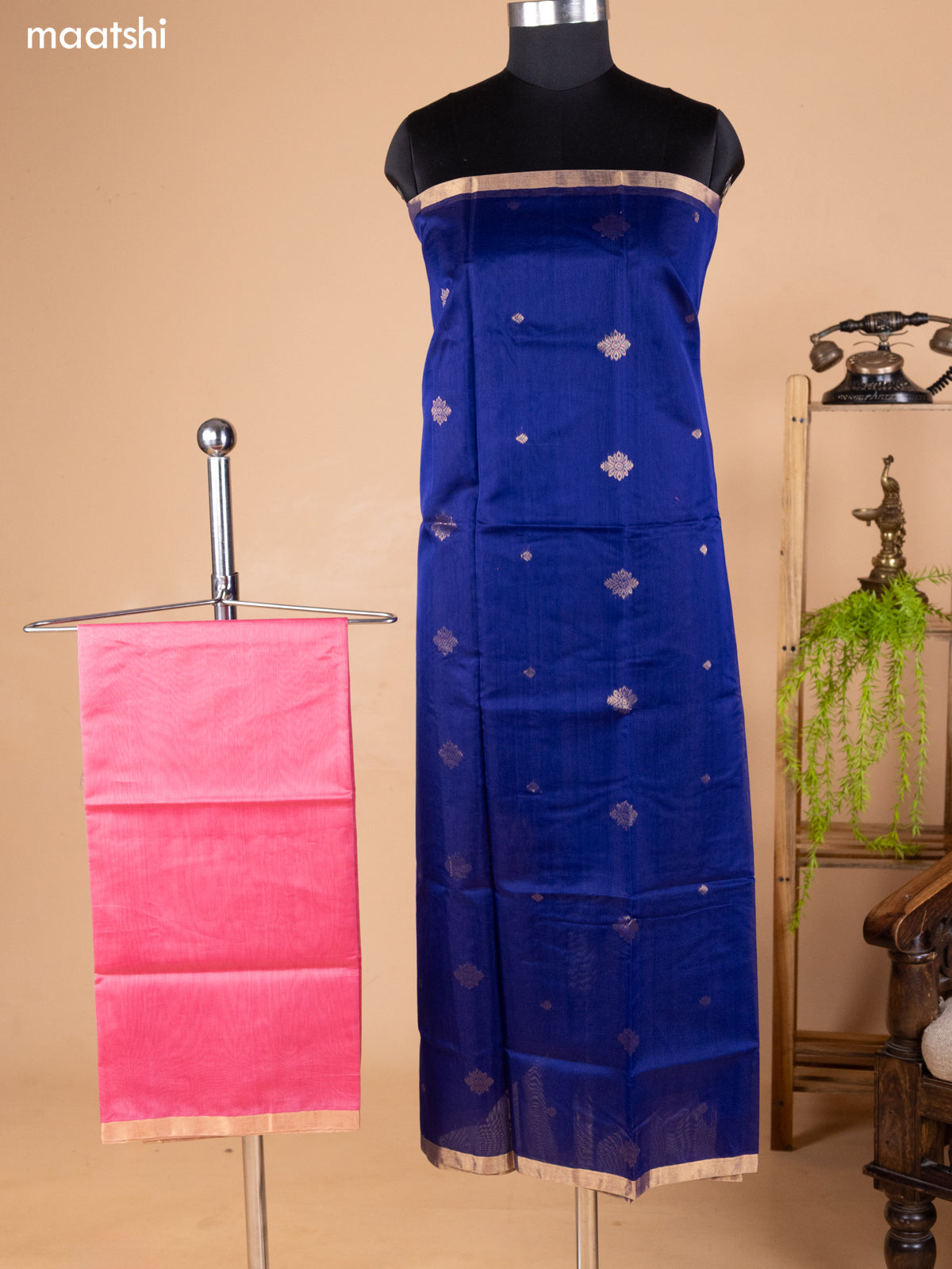 Navy Blue and Pink Kora Silk Cotton Dress Material With Zari Buttas and Bottom & Banarasi Style Dupatta