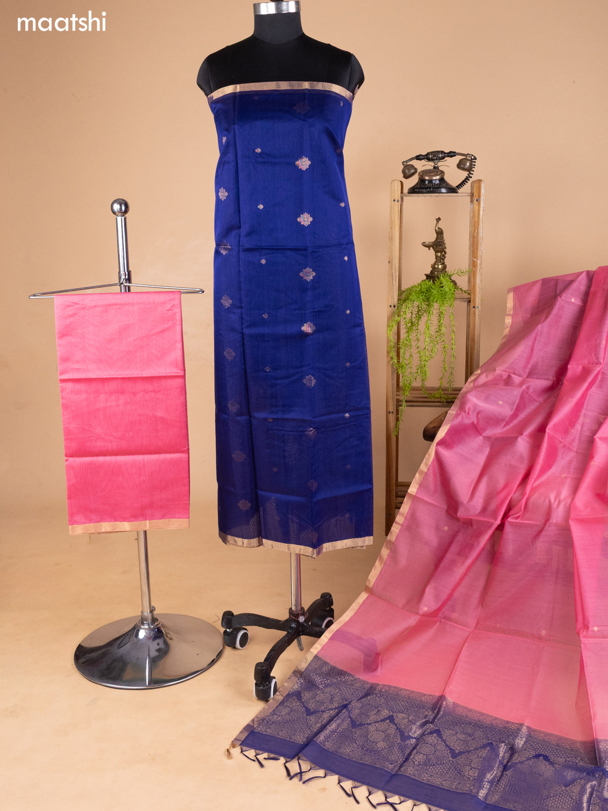 Navy Blue and Pink Kora Silk Cotton Dress Material With Zari Buttas and Bottom & Banarasi Style Dupatta
