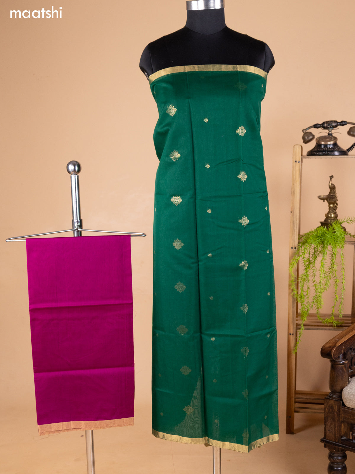 Green and Purple Kora Silk Cotton Dress Material With Zari Buttas and Bottom & Banarasi Style Dupatta