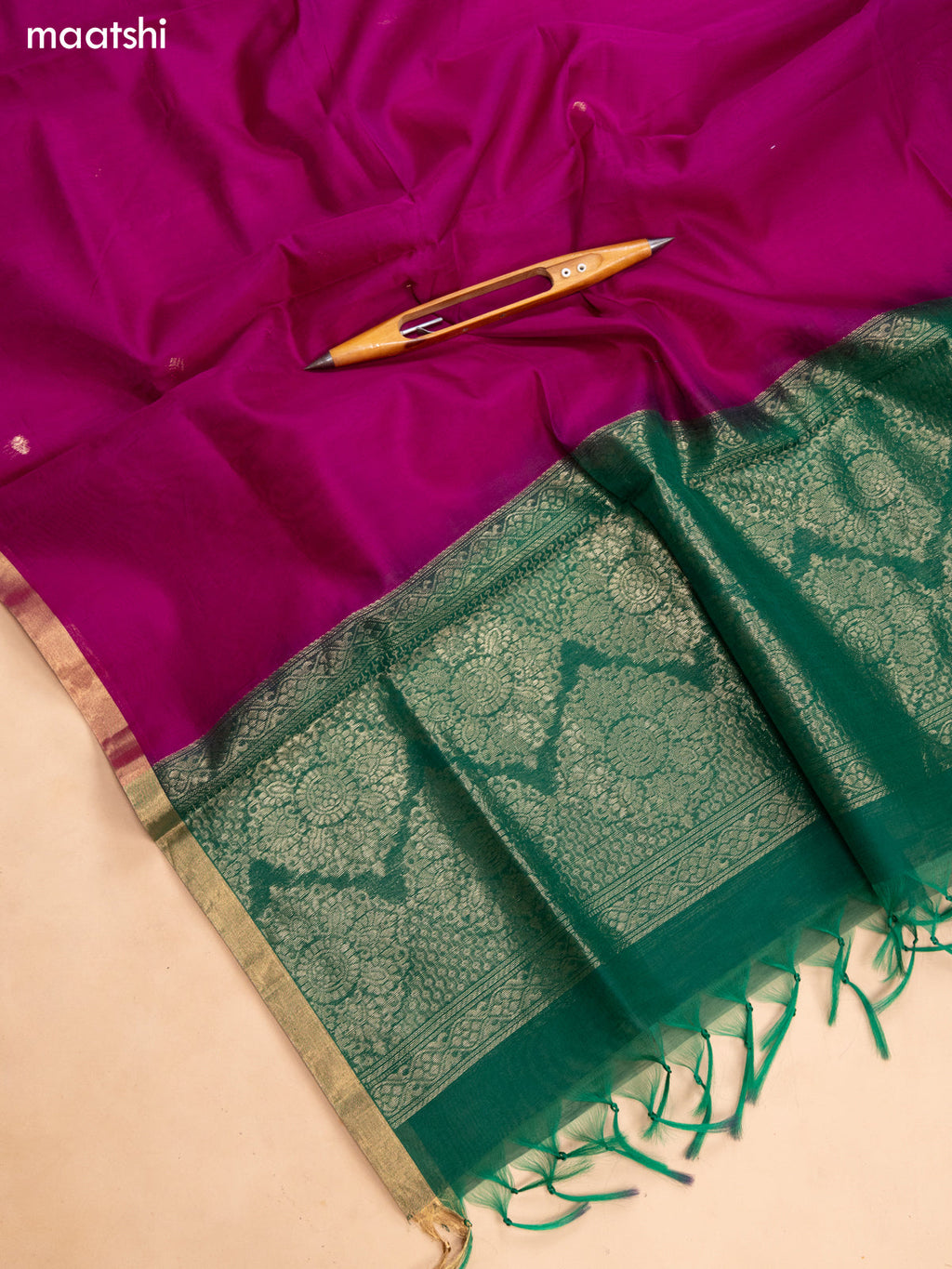 Green and Purple Kora Silk Cotton Dress Material With Zari Buttas and Bottom & Banarasi Style Dupatta
