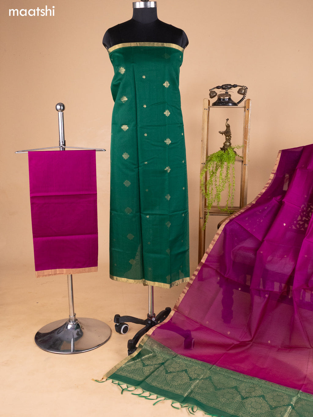 Green and Purple Kora Silk Cotton Dress Material With Zari Buttas and Bottom & Banarasi Style Dupatta
