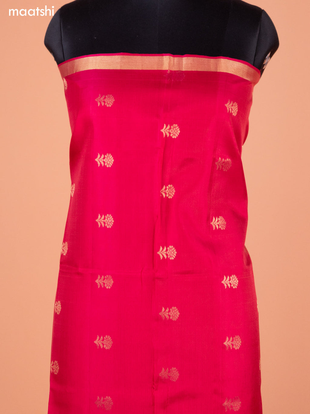 Reddish Pink and Manthulir Green Pure Silk Dress Material With Thread & Zari Buttas