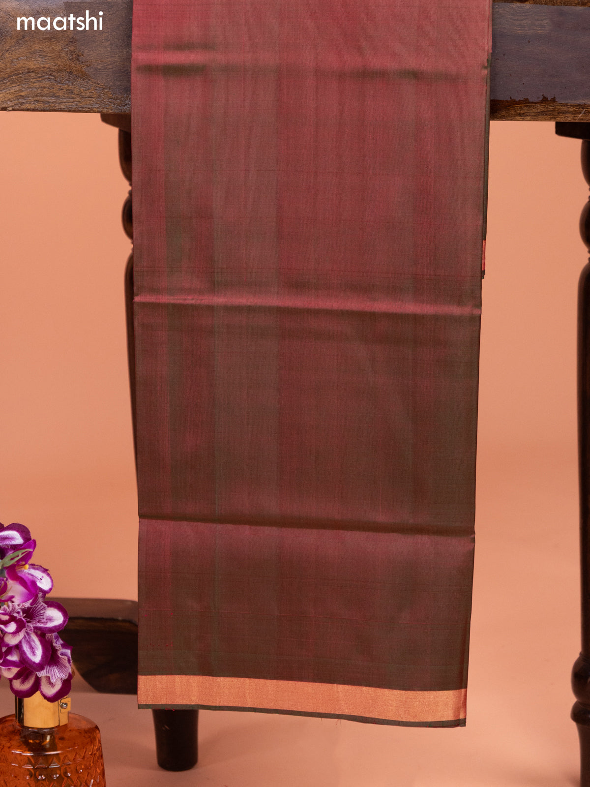 Reddish Pink and Manthulir Green Pure Silk Dress Material With Thread & Zari Buttas