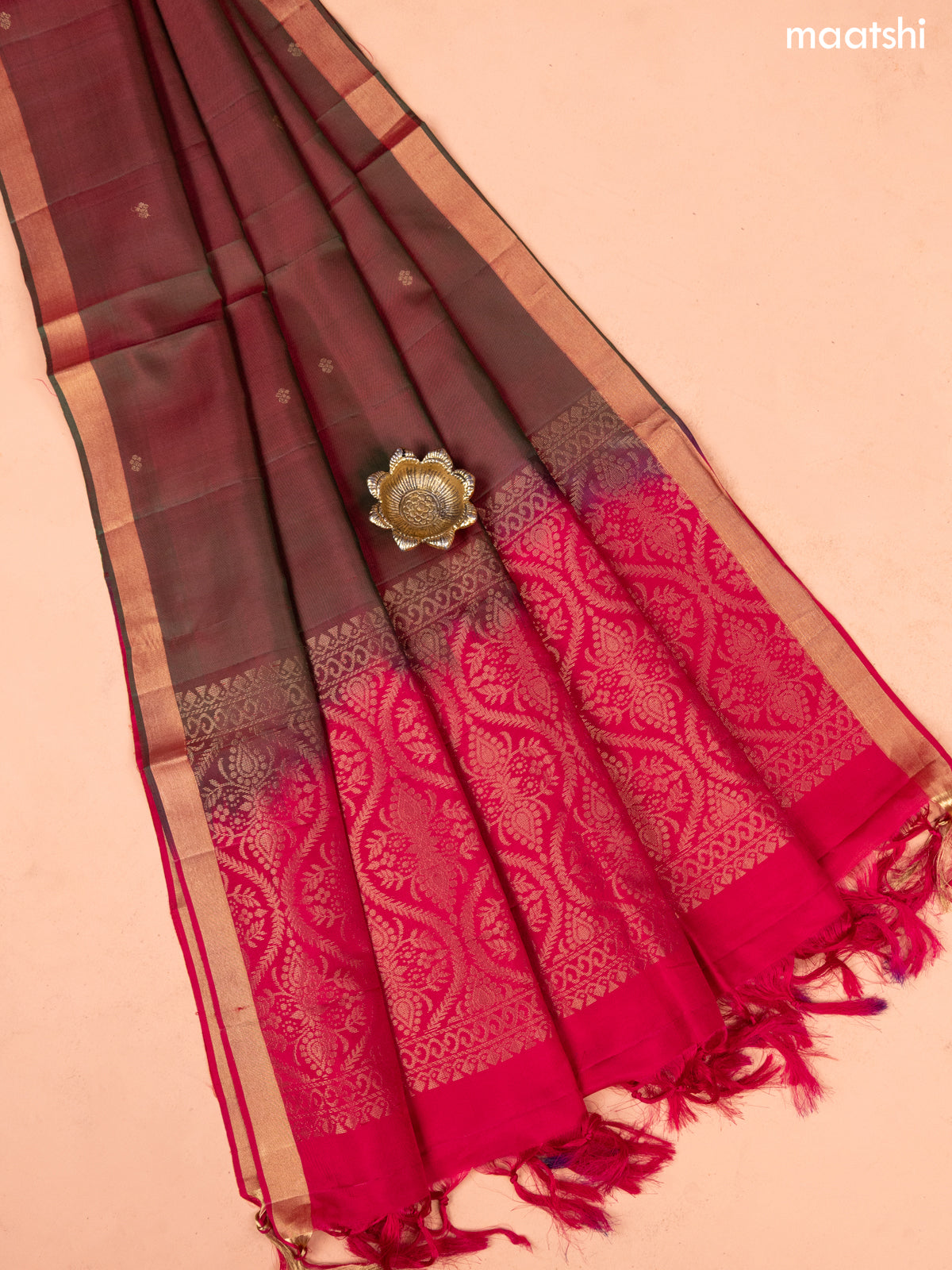 Reddish Pink and Manthulir Green Pure Silk Dress Material With Thread & Zari Buttas