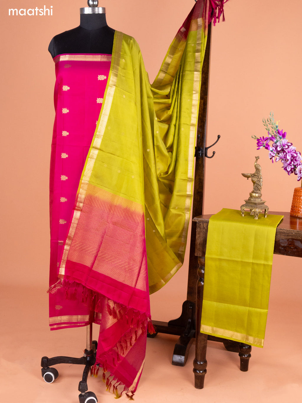Rani Pink and Mehendi Green Pure Silk Dress Material With Thread & Zari Buttas