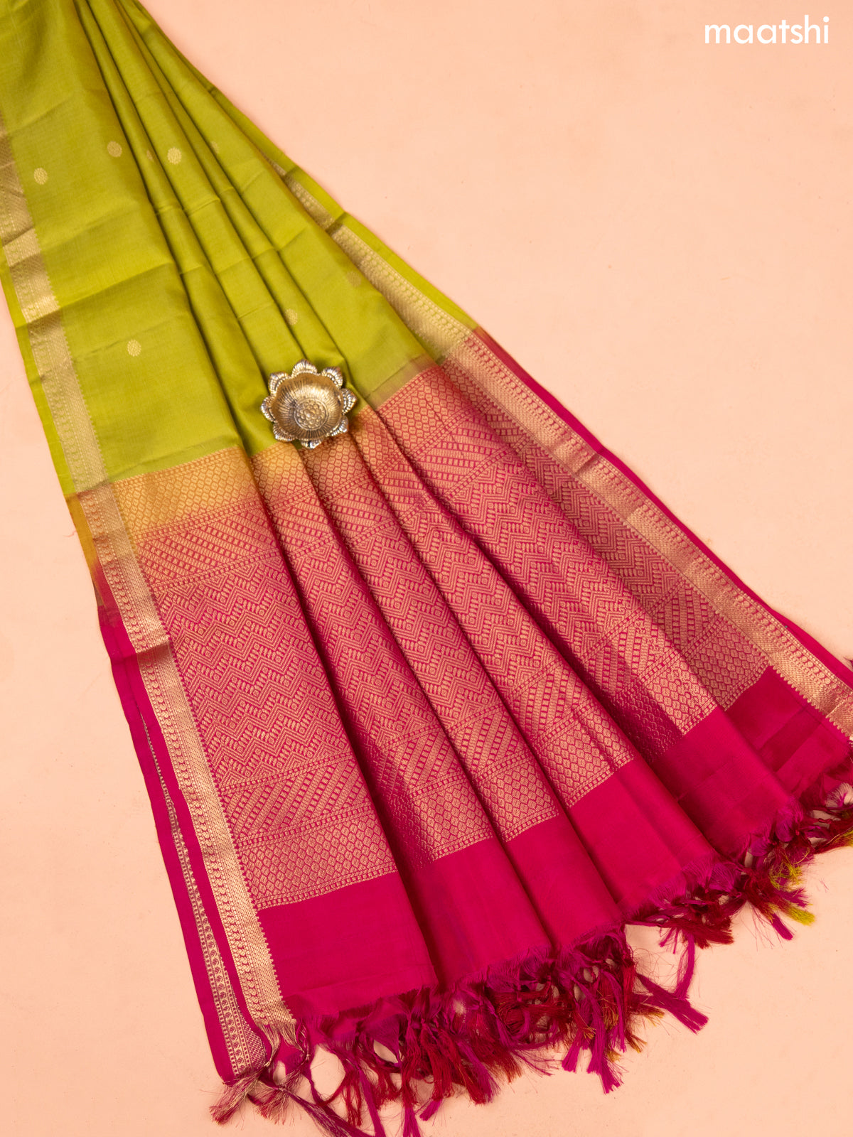 Rani Pink and Mehendi Green Pure Silk Dress Material With Thread & Zari Buttas