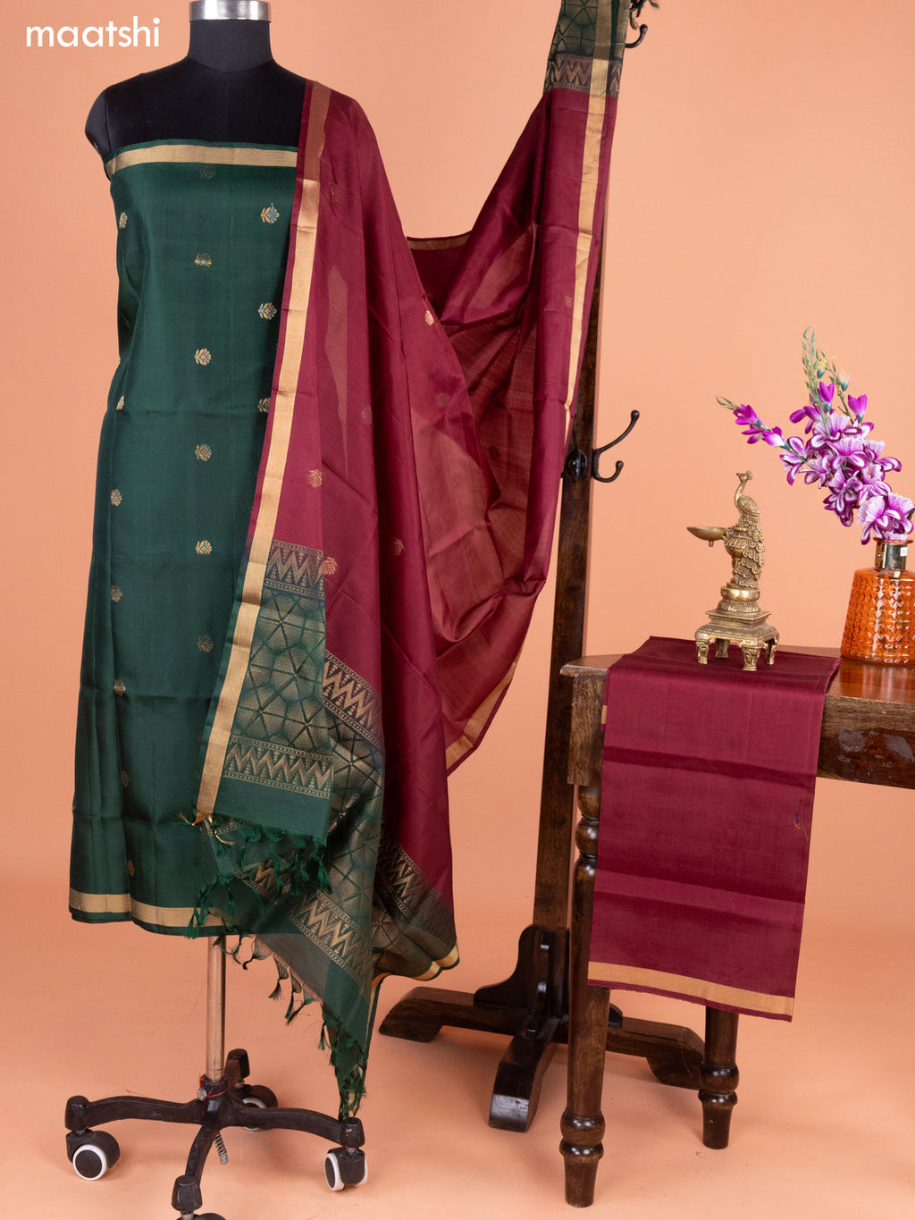 Green and Maroon Pure Silk Dress Material With Thread & Zari Buttas