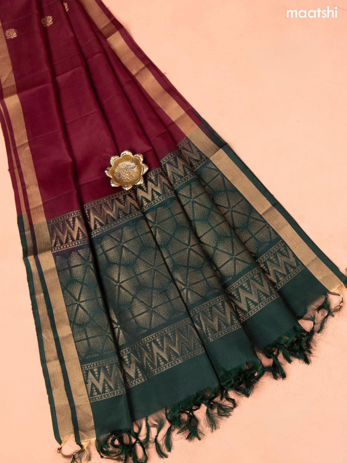 Green and Maroon Pure Silk Dress Material With Thread & Zari Buttas