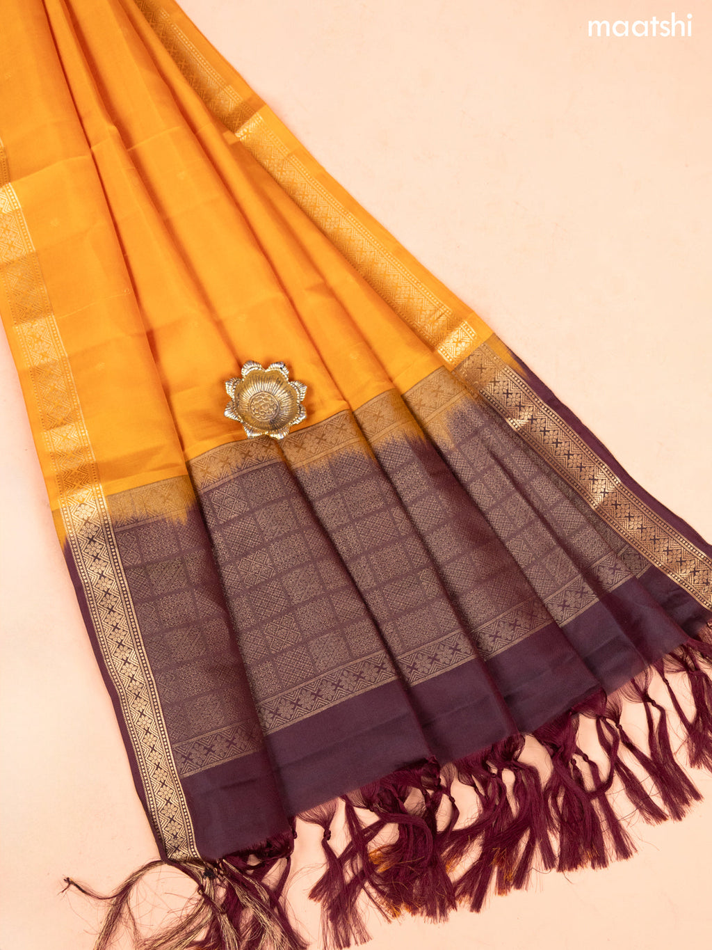 Deep Maroon and Mustard Yellow Pure Silk Dress Material With Thread & Zari Buttas