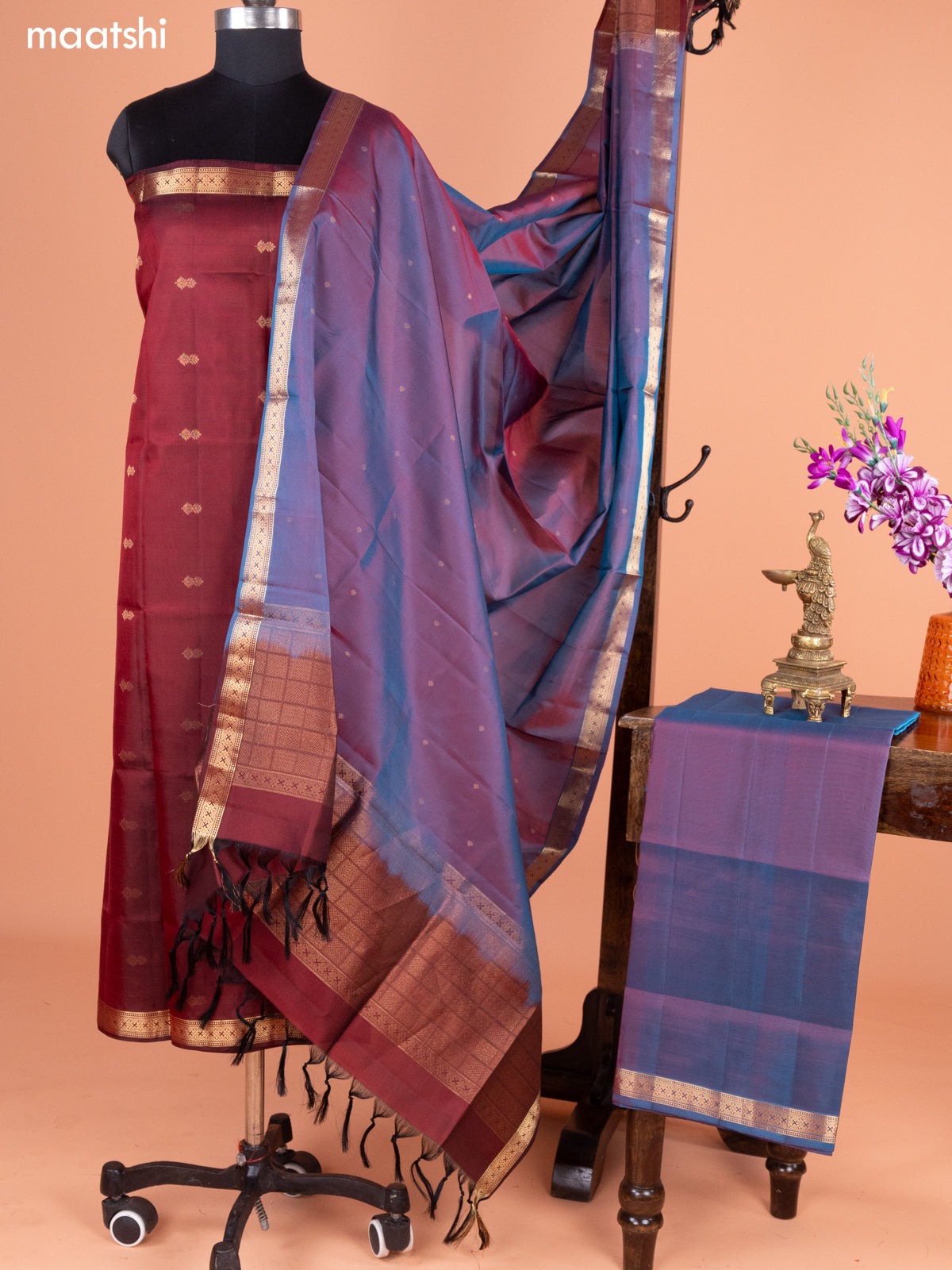Maroon and Dual Shade Of Blue Pure Silk Dress Material With Thread & Zari Buttas