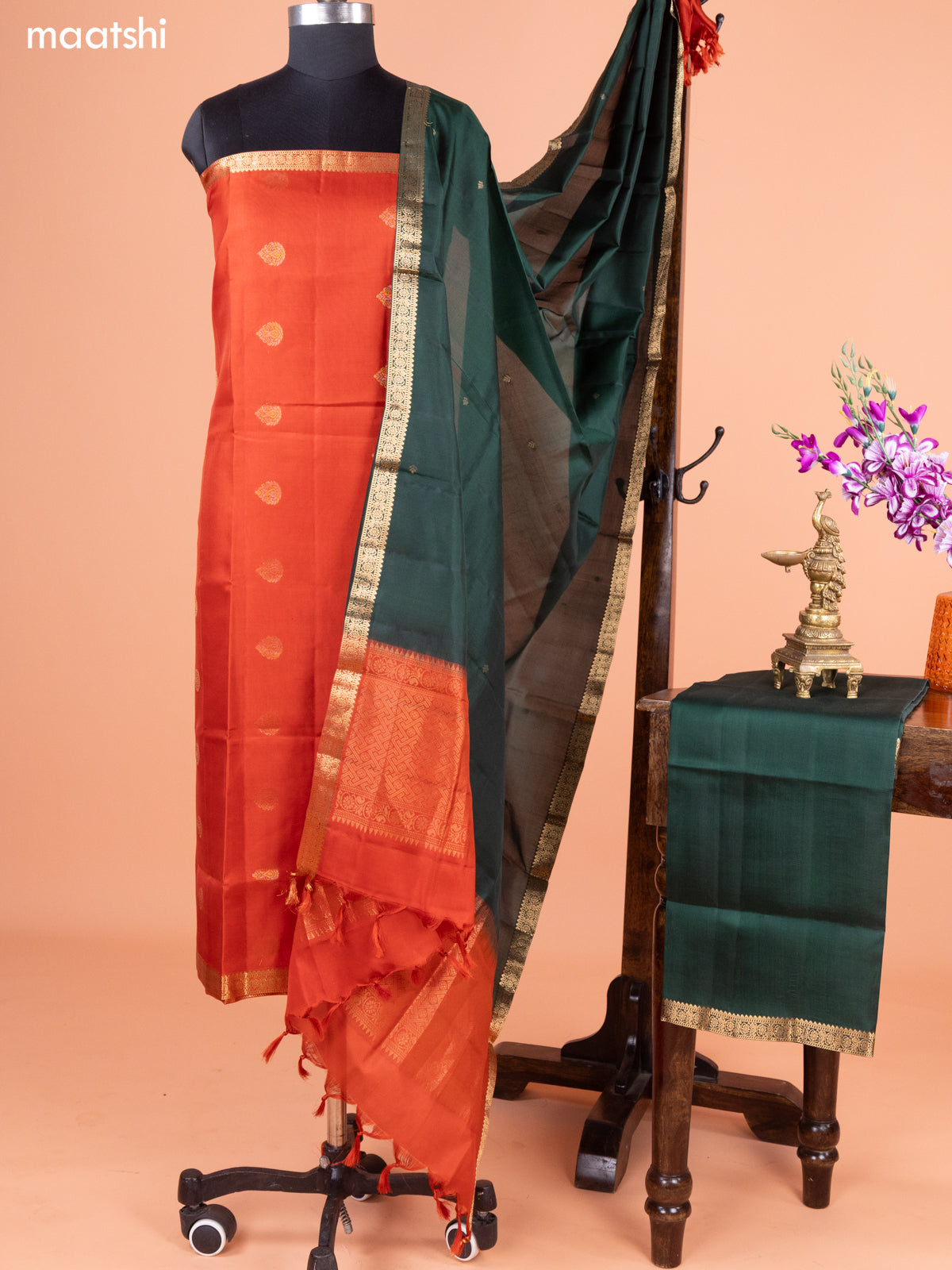 Rustic Orange and Green Pure Silk Dress Material With Thread & Zari Buttas