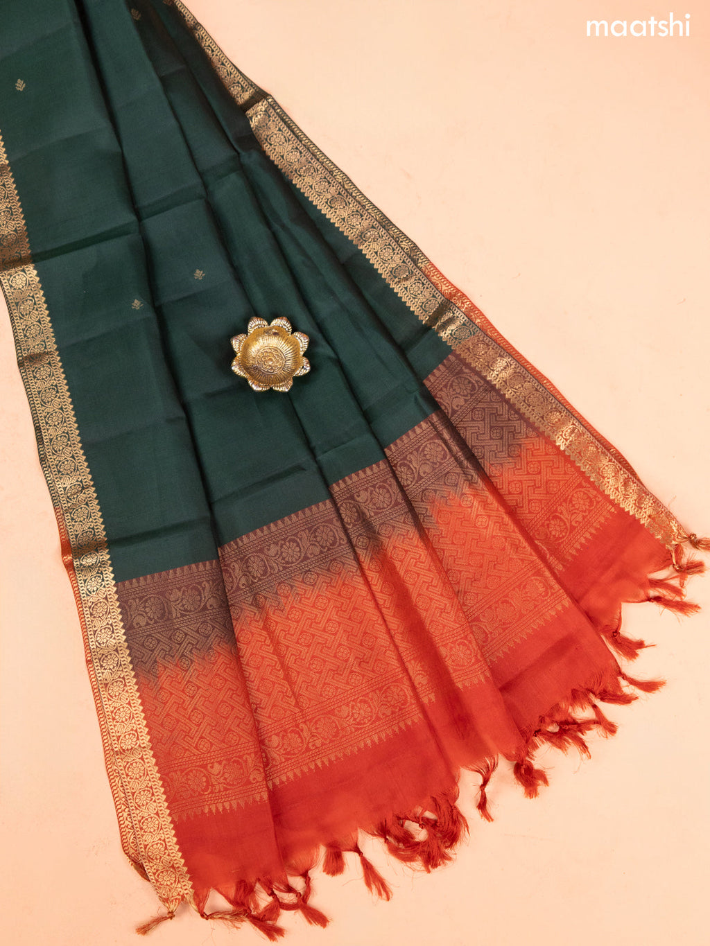 Rustic Orange and Green Pure Silk Dress Material With Thread & Zari Buttas