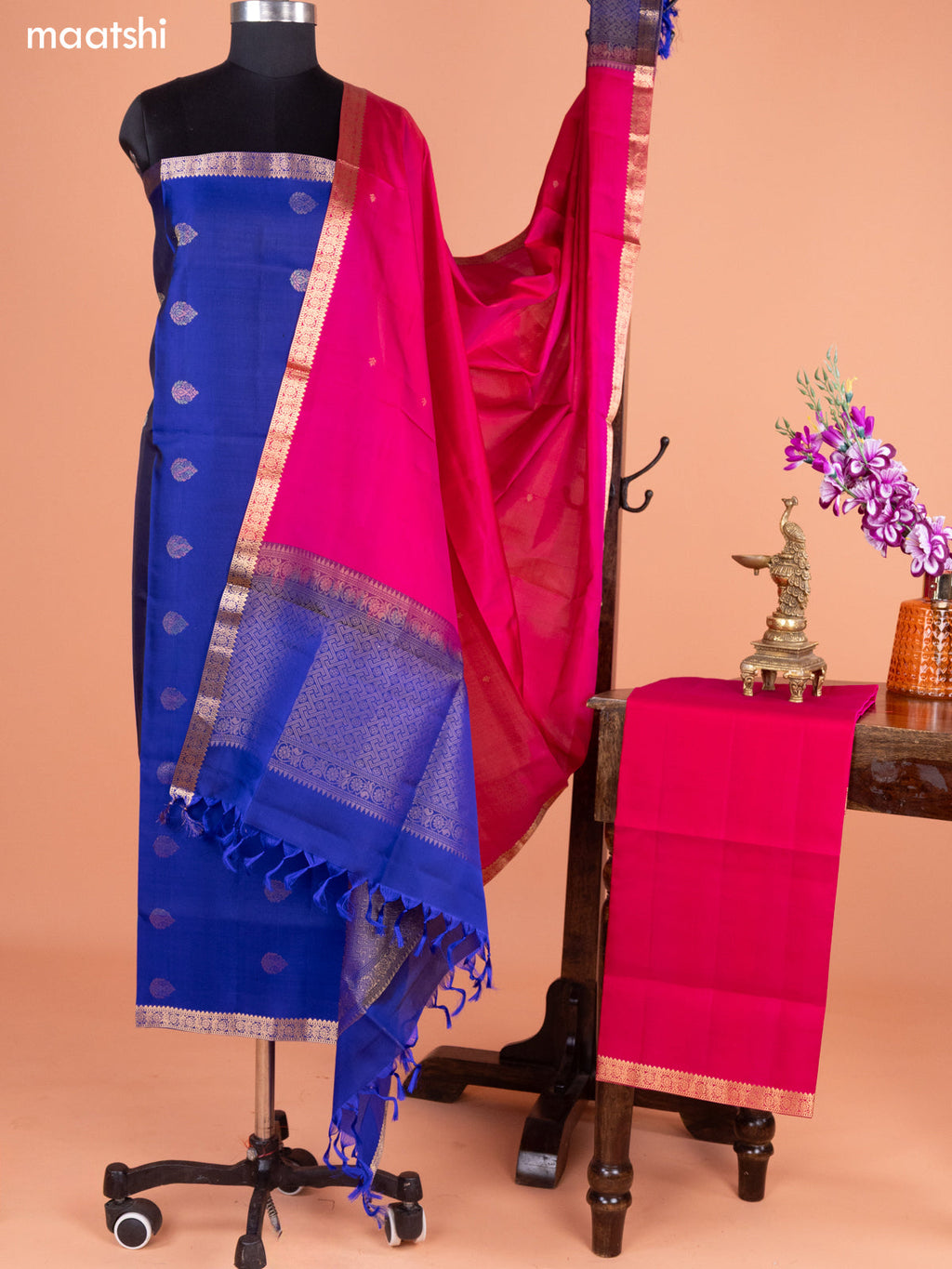 Royal Blue and Pink Pure Silk Dress Material With Thread & Zari Buttas