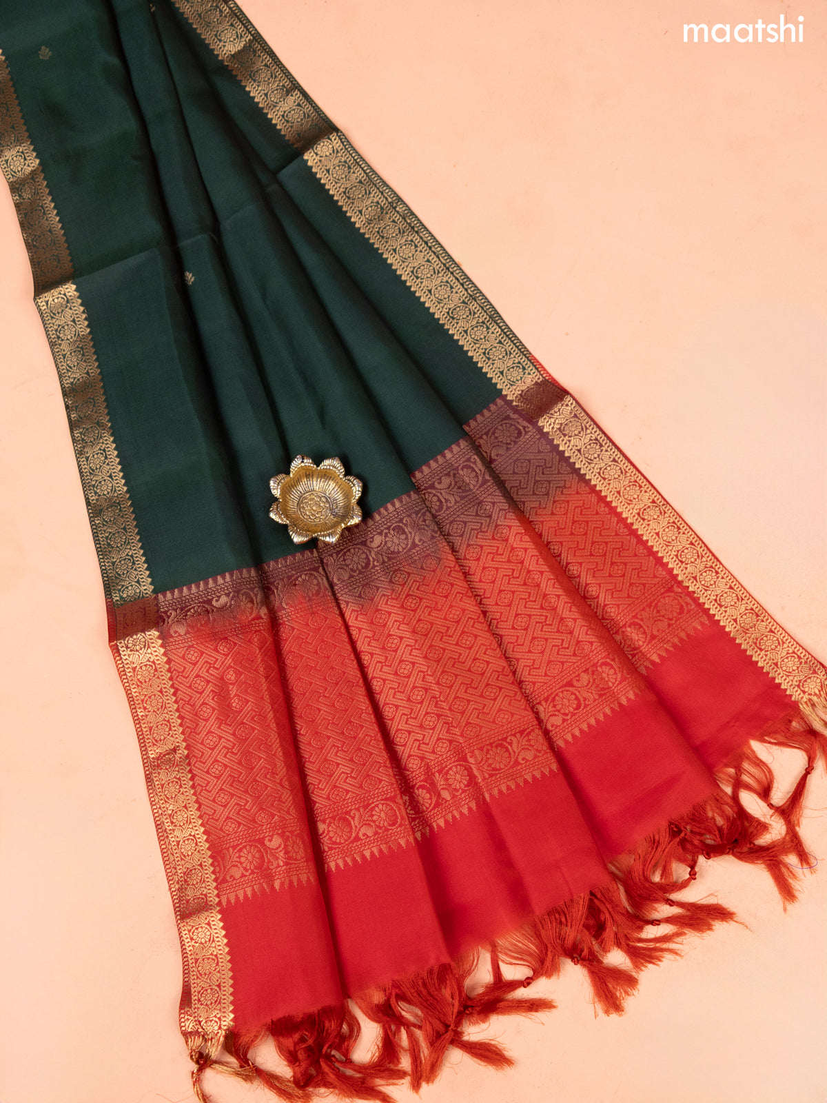Rustic Orange and Green Pure Silk Dress Material With Thread & Zari Buttas