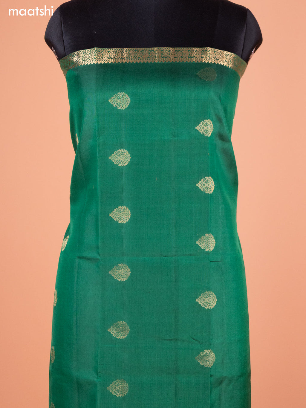 Green and Mustard Yellow Pure Silk Dress Material With Thread & Zari Buttas