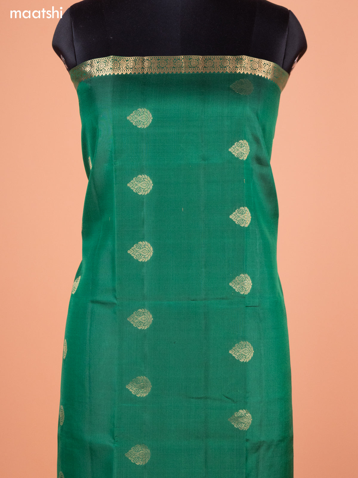 Green and Mustard Yellow Pure Silk Dress Material With Thread & Zari Buttas