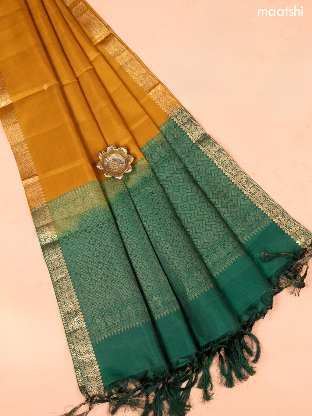 Green and Mustard Yellow Pure Silk Dress Material With Thread & Zari Buttas