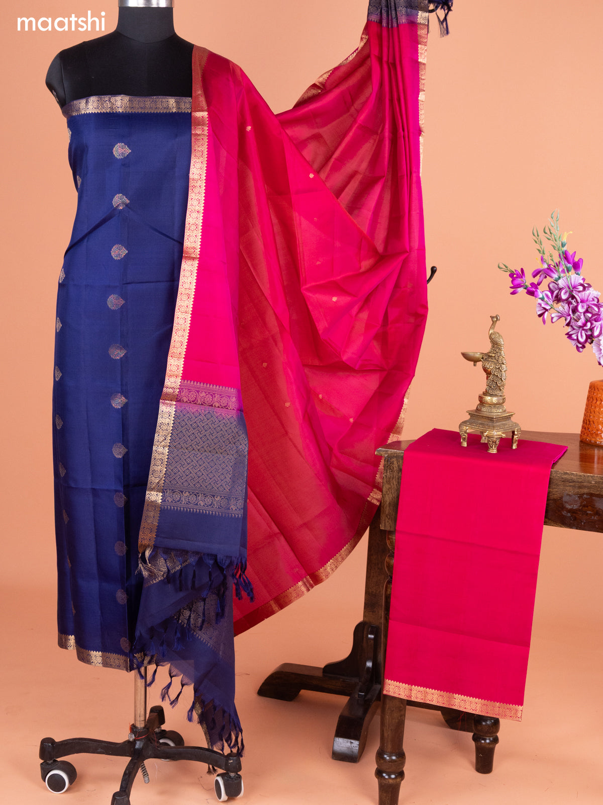 Navy Blue and Pink Pure Silk Dress Material With Thread & Zari Buttas