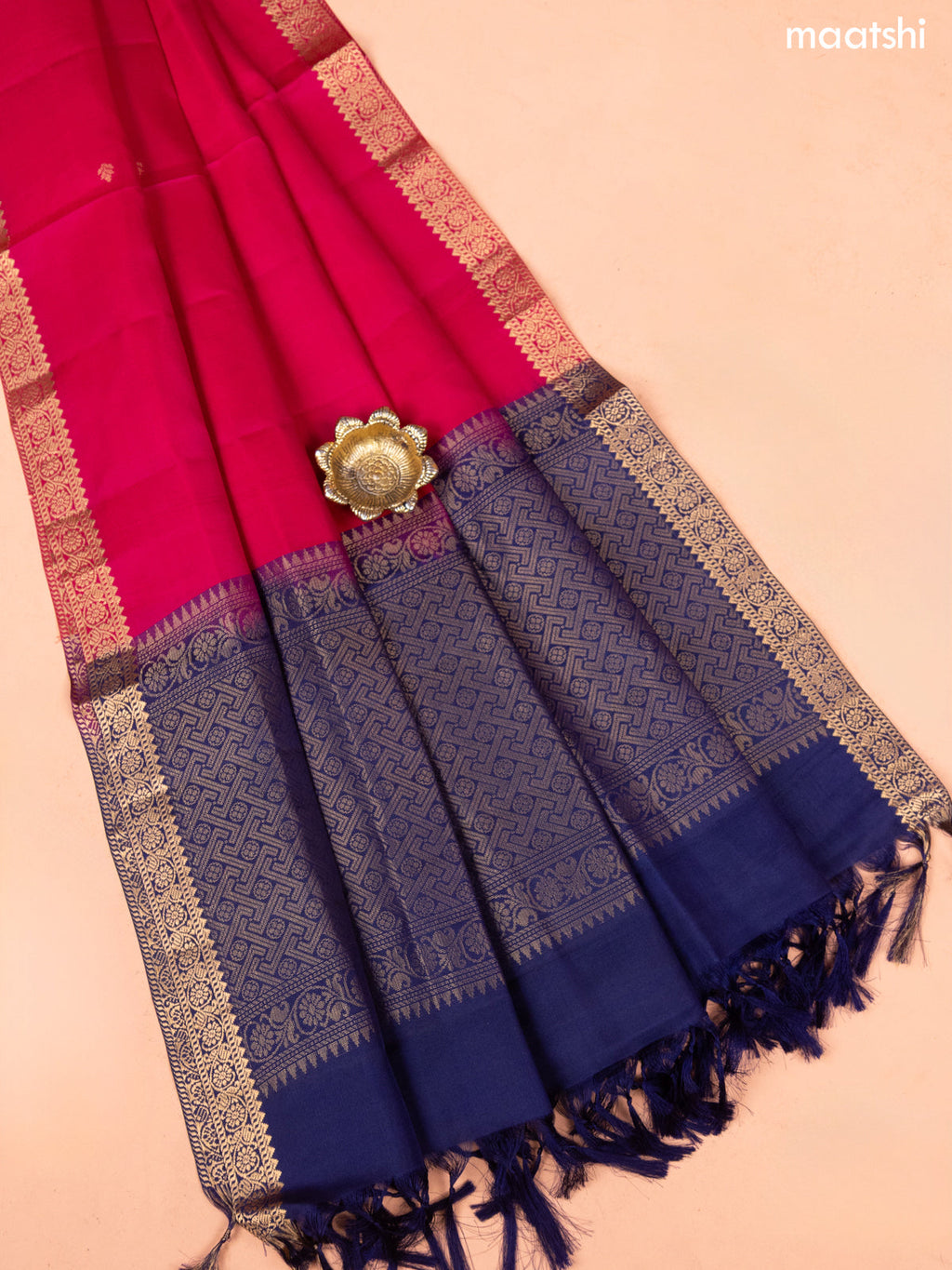 Navy Blue and Pink Pure Silk Dress Material With Thread & Zari Buttas