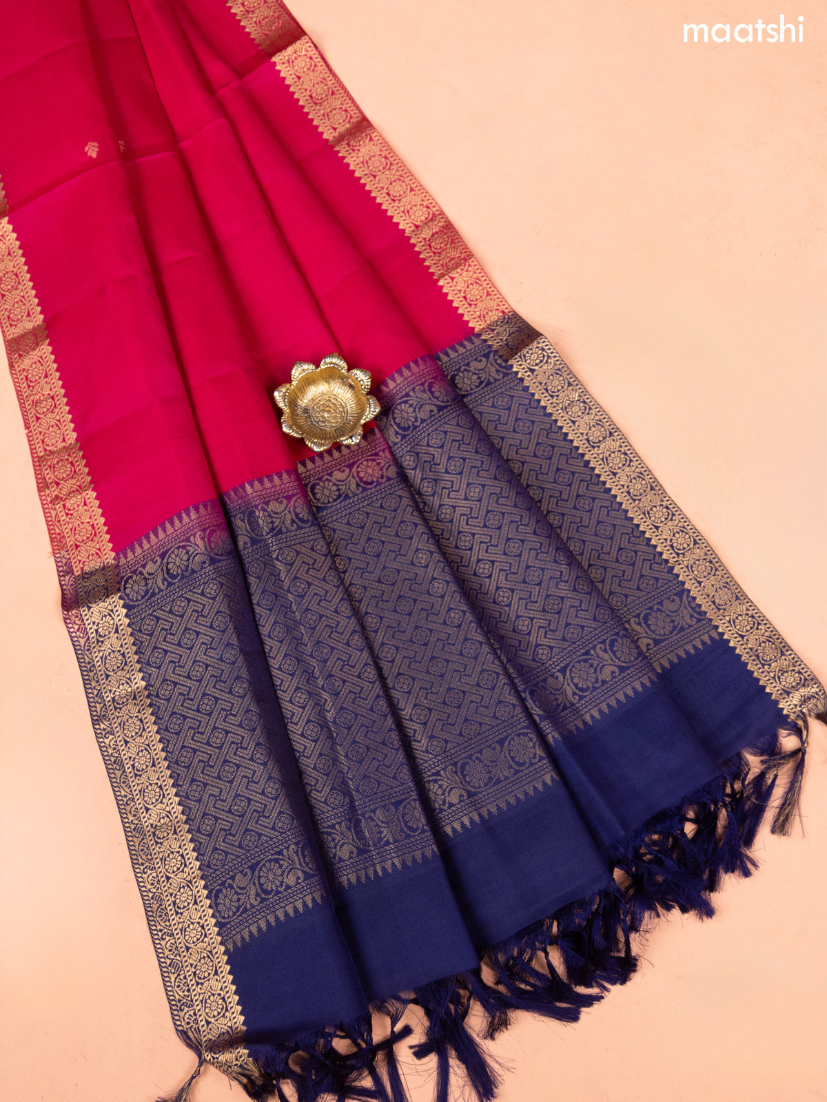 Navy Blue and Pink Pure Silk Dress Material With Thread & Zari Buttas