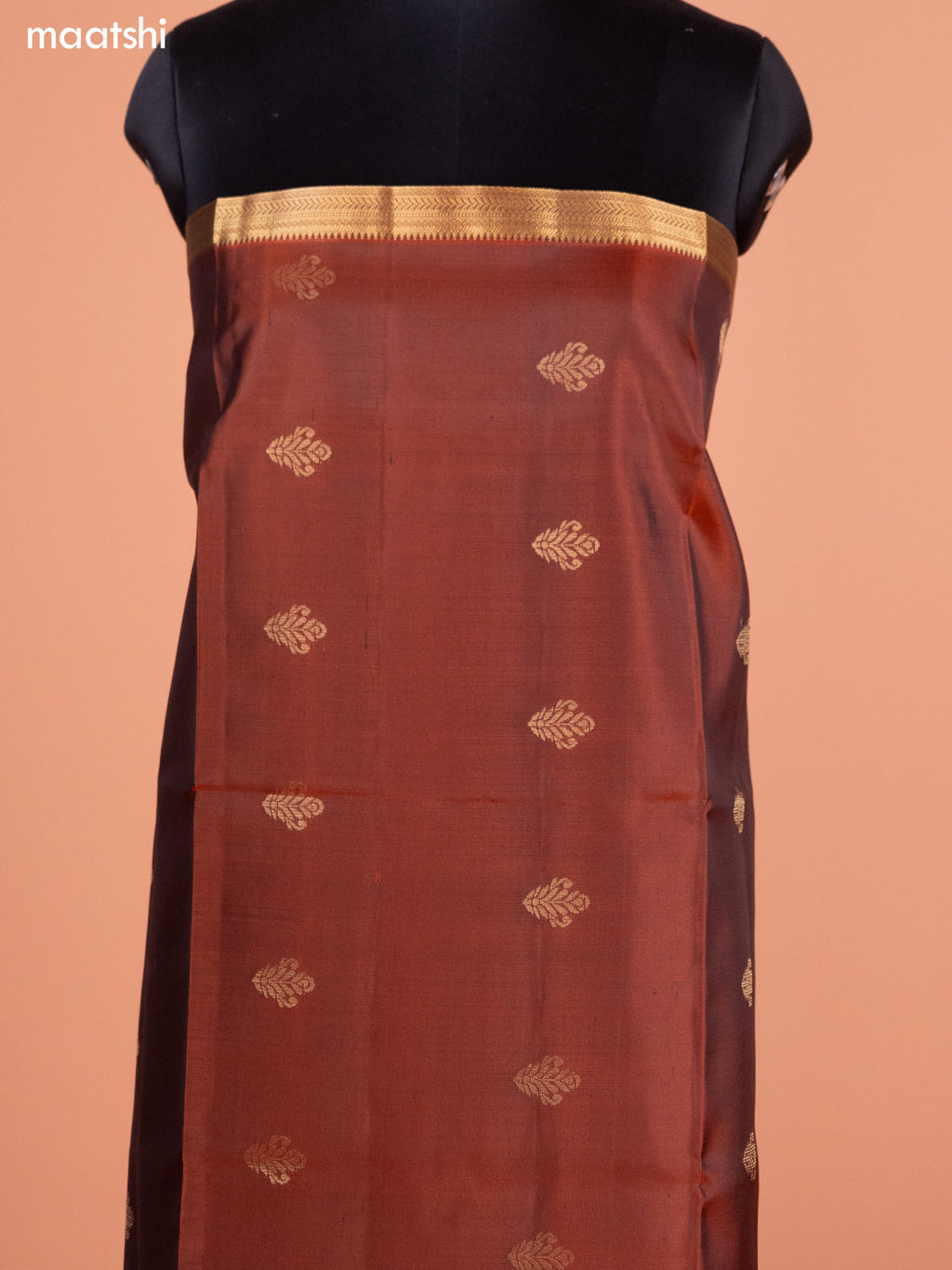 Rustic Brown and Navy Blue Pure Silk Dress Material With Thread & Zari Buttas