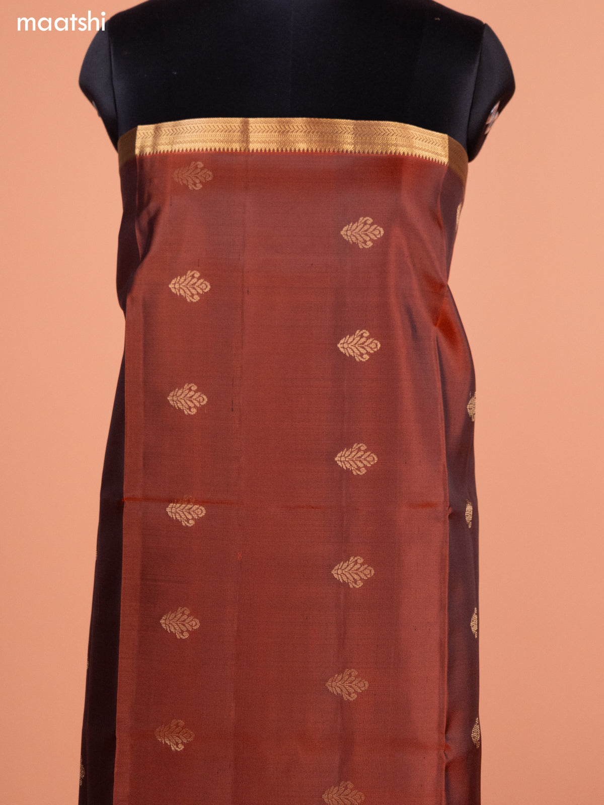 Rustic Brown and Navy Blue Pure Silk Dress Material With Thread & Zari Buttas