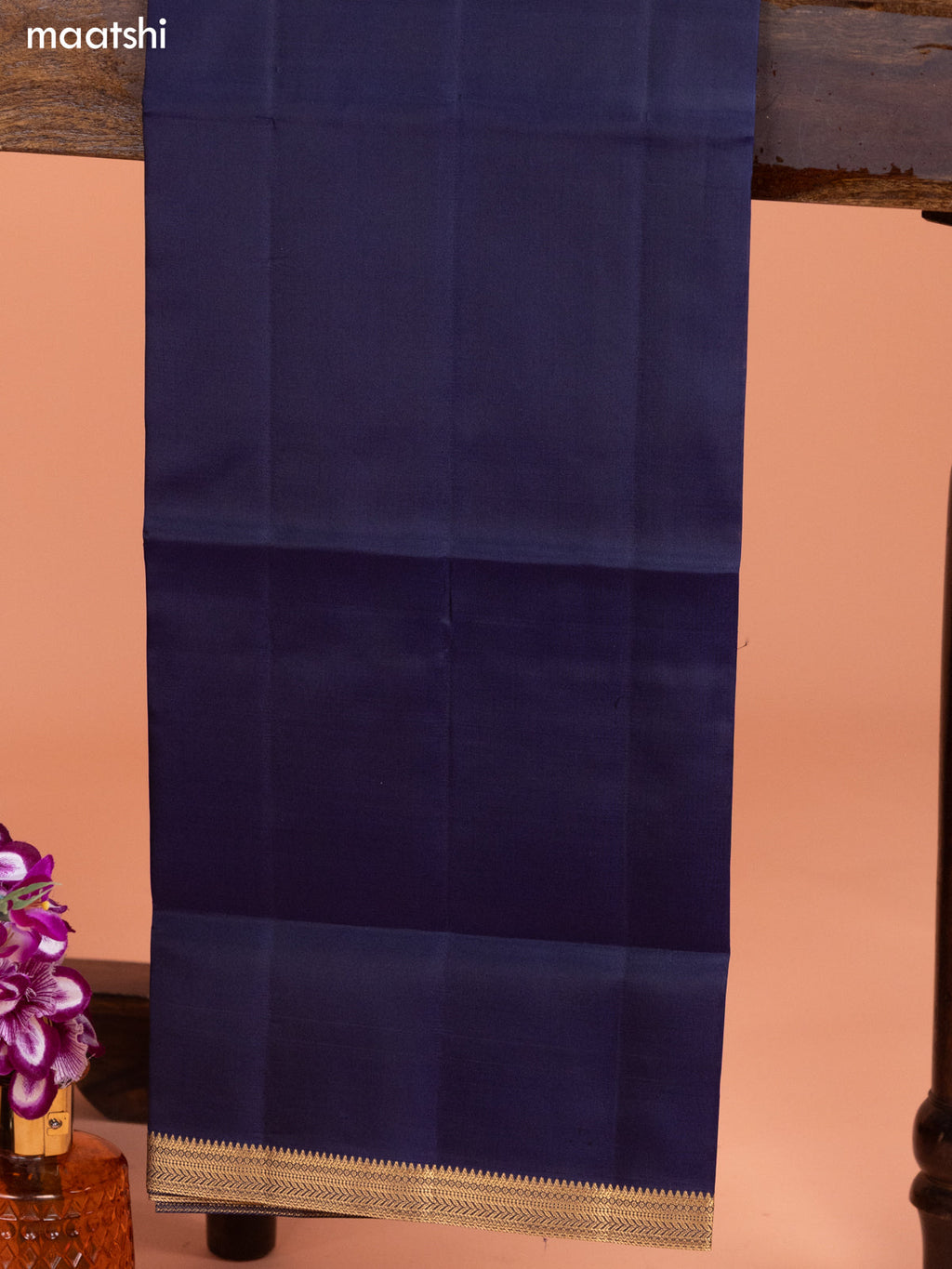 Rustic Brown and Navy Blue Pure Silk Dress Material With Thread & Zari Buttas
