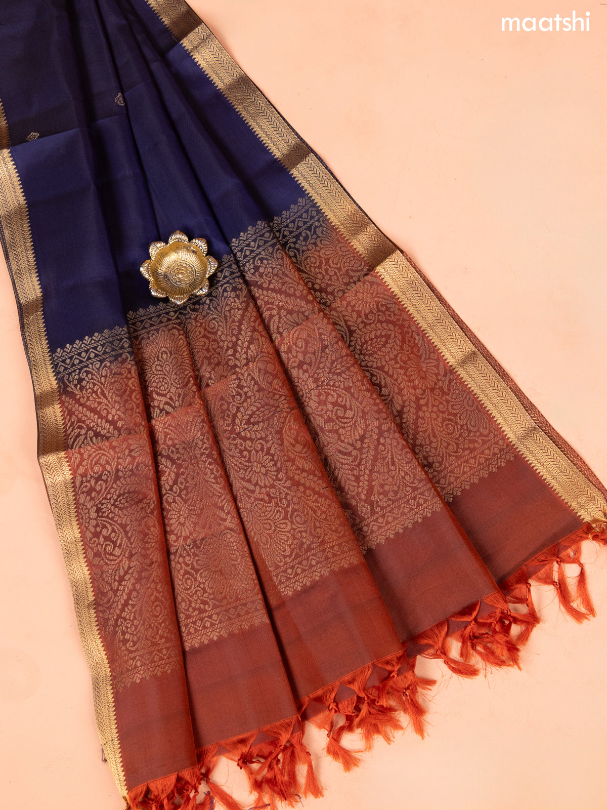 Rustic Brown and Navy Blue Pure Silk Dress Material With Thread & Zari Buttas