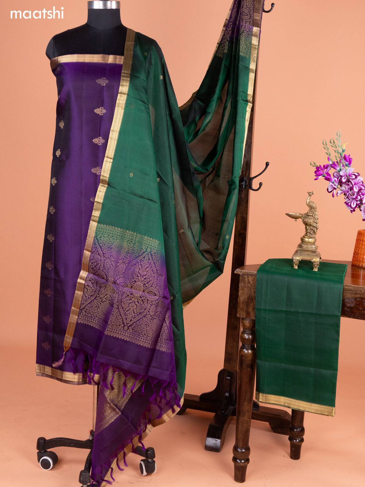 Dark Purple and Green Pure Silk Dress Material With Thread & Zari Buttas